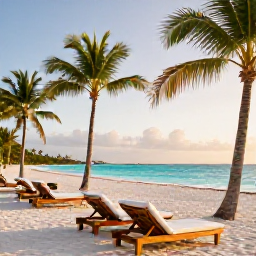 Caribbean Holidays, All Inclusive Holidays, A relaxed Caribbean beach resort at sunrise, with palm trees, turquoise sea and comfortable sun loungers