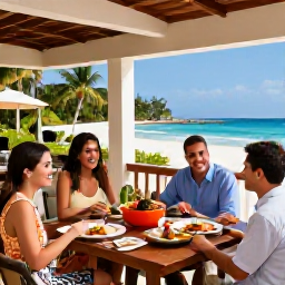 Caribbean Holidays, All Inclusive Holidays, Guests enjoying a varied buffet and outdoor dining terrace at a tropical Caribbean resort