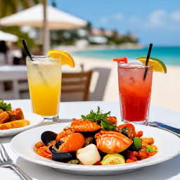Caribbean Holidays, All Inclusive Saint Martin, Colourful local dishes, fresh seafood and tropical drinks served at an outdoor Caribbean restaurant in Sint Maarten