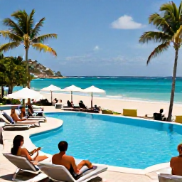 Caribbean Holidays, All Inclusive Saint Martin, Guests relaxing around a palm-fringed resort pool overlooking a bright Caribbean beach in Saint Martin