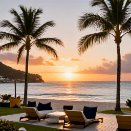 Caribbean Holidays, All Inclusive Saint Martin, Sunset over a calm Caribbean beach with palm trees and a comfortable resort terrace on Saint Martin