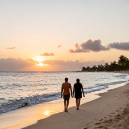Caribbean Holidays, All Inclusive St Kitts, A couple walking along a quiet Caribbean beach at sunset on Saint Kitts, with gentle waves and warm evening light