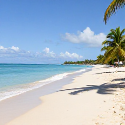 Caribbean Holidays, All Inclusive St Kitts, A wide sandy beach on Saint Kitts with calm turquoise water, palm trees and a relaxed Caribbean atmosphere