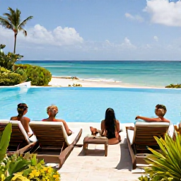 Caribbean Holidays, All Inclusive St Kitts, Guests relaxing beside an infinity pool overlooking the Caribbean Sea on Saint Kitts, with sun loungers and tropical gardens
