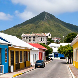 Caribbean Holidays, All Inclusive St Kitts, Historic stone buildings and colourful streets in Basseterre, Saint Kitts, with Mount Liamuiga in the background