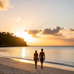 Caribbean Holidays, Antigua Adults Only, A couple walking along a secluded Antigua beach at sunset, with calm water and warm golden light