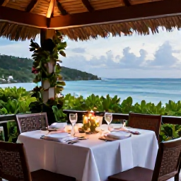 Caribbean Holidays, Antigua Adults Only, A romantic beachfront dinner in Antigua with candles, tropical greenery and the sea beyond