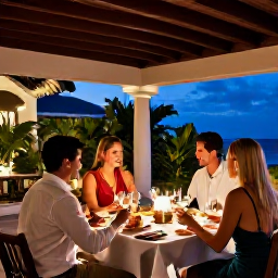 Caribbean Holidays, Antigua Adults Only, Adults enjoying an elegant open-air dinner at an Antigua resort, with local seafood, tropical plants and evening lights