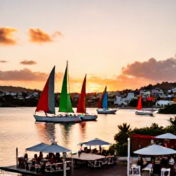 Caribbean Holidays, Antigua Adults Only, Antigua harbour at sunset with colourful sailing boats, waterfront restaurants and warm evening light