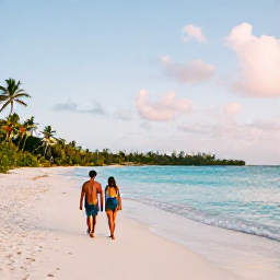 Caribbean Holidays, Antigua Adults Only, Couple walking along a quiet white sandy beach in Antigua, turquoise water, soft afternoon sunlight and palm-fringed shoreline