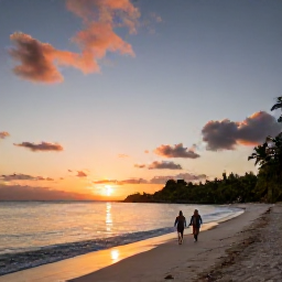 Caribbean Holidays, Antigua Adults Only, Couple walking along a secluded Antigua beach at sunset in December, with calm water and a colourful sky