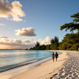 Caribbean Holidays, Antigua Adults Only, Couple walking along a secluded white sand beach in Antigua at sunset, calm turquoise sea and tropical greenery