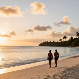 Caribbean Holidays, Antigua Adults Only, Couple walking along a secluded white-sand beach in Antigua at sunset, with calm sea and soft golden light
