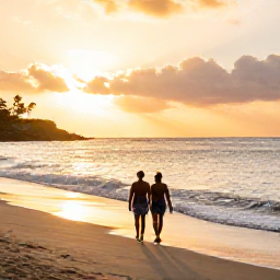Caribbean Holidays, Antigua Adults Only, Couple walking barefoot along a secluded Antigua beach at sunset in May, with gentle waves and warm golden light