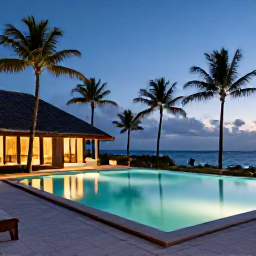 Caribbean Holidays, Antigua Adults Only, Elegant adults-only Antigua resort at dusk, with an illuminated pool, palm trees and a calm tropical atmosphere