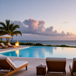 Caribbean Holidays, Antigua Adults Only, Elegant adults-only Antigua resort pool overlooking the Caribbean Sea at dusk, with comfortable loungers and a peaceful atmosphere