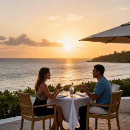 Caribbean Holidays, Antigua Adults Only, Elegant adults-only resort restaurant in Antigua at sunset, couple dining outdoors, Caribbean sea and warm evening lighting