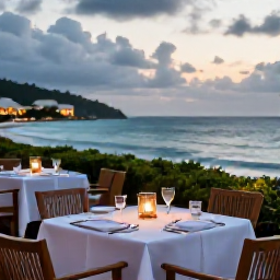 Caribbean Holidays, Antigua Adults Only, Elegant adults-only resort restaurant in Antigua serving a relaxed dinner beside the sea, with soft evening lighting