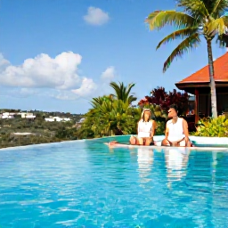 Caribbean Holidays, Antigua Adults Only, Happy couple relaxing beside an adults-only infinity pool in Antigua during July, palm trees, blue sky and tropical garden