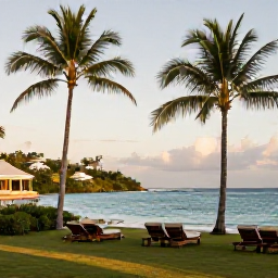 Caribbean Holidays, Antigua Adults Only, Quiet adults-only beachfront resort in Antigua at golden hour, with palm trees, calm turquoise sea and comfortable sun loungers