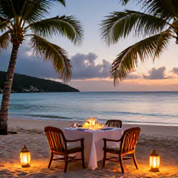 Caribbean Holidays, Antigua Adults Only, Romantic beachfront dinner in Antigua with two place settings, lanterns, palm trees and a calm evening sea