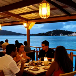 Caribbean Holidays, Antigua Adults Only, Visitors enjoying a relaxed evening at a waterfront restaurant in Antigua, with local food, lanterns and a view across the harbour