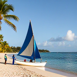 Caribbean Holidays, Antigua Adventure, A bright April morning on a calm turquoise beach in Antigua, with a small sailing boat, palm trees and travellers preparing for an active day