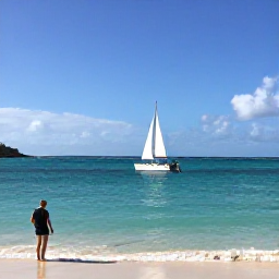 Caribbean Holidays, Antigua Adventure, A bright February morning on a calm Antigua beach with turquoise water, a sailing boat and travellers preparing for an active day