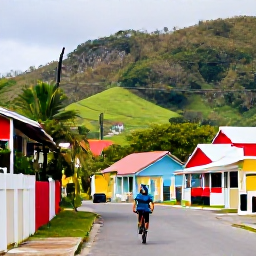 Caribbean Holidays, Antigua Adventure, A cyclist riding past colourful Caribbean houses and green hills on a quiet Antigua road in October