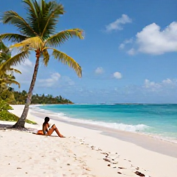 Caribbean Holidays, Antigua Adventure, A traveller relaxing beside a quiet white-sand beach in Antigua after an active day, with palm trees and gentle turquoise waves