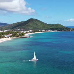 Caribbean Holidays, Antigua Adventure, Aerial view of Antigua's turquoise coastline, green hills and small sailing boats under bright January sunshine