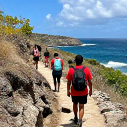 Caribbean Holidays, Antigua Adventure, Hikers walking along a rugged coastal trail with sea views on Antigua, surrounded by dry tropical vegetation
