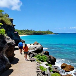 Caribbean Holidays, Antigua Adventure, Hikers walking along a scenic coastal trail near English Harbour, Antigua, with rocky cliffs and bright blue sea