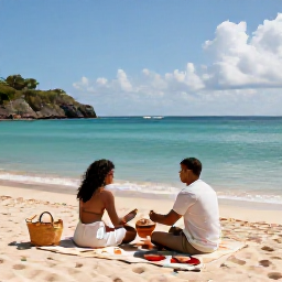 Caribbean Holidays, Antigua Adventure Holidays, A relaxed couple enjoying a beach picnic beside calm turquoise water in Antigua during a sunny March afternoon