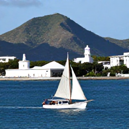 Caribbean Holidays, Antigua Adventure Holidays, A small sailing boat passing Antigua's historic Nelson's Dockyard with lush hills and blue sea in the background