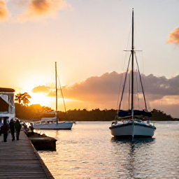 Caribbean Holidays, Antigua Adventure Holidays, Historic Nelson's Dockyard in English Harbour at sunset, with sailing boats and visitors exploring the waterfront