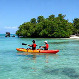 Caribbean Holidays, Antigua Adventure Holidays, Kayakers paddling across clear turquoise water beside Antigua&rsquo;s mangroves and rocky coastline