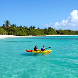 Caribbean Holidays, Antigua Adventure Holidays, Kayakers paddling through clear turquoise water beside Antigua's green coastline in warm July sunshine