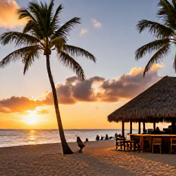 Caribbean Holidays, Antigua Adventure Holidays, Travellers relaxing at a Caribbean beach bar after an active day, with palm trees, golden sand and a colourful sunset in Antigua