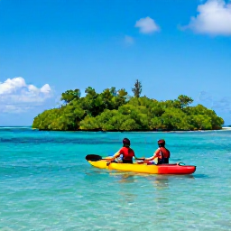 Caribbean Holidays, Antigua Adventure, Kayakers paddling across clear Caribbean water beside mangroves and a small tropical island in Antigua