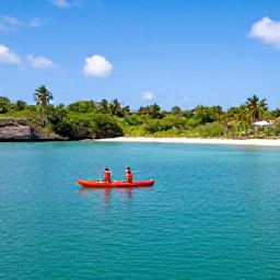 Caribbean Holidays, Antigua Adventure, Kayakers paddling through calm turquoise water beside Antigua's green coastline in bright May sunshine