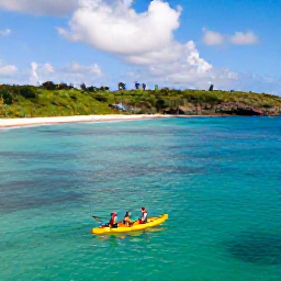 Caribbean Holidays, Antigua Adventure, Kayakers paddling through clear turquoise water beside Antigua's green coastline in warm November sunshine