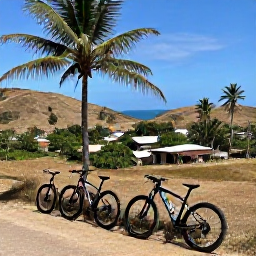Caribbean Holidays, Antigua Adventure, Mountain bikes resting near a rural Antigua village with palms, dry hills and distant sea views