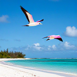 Caribbean Holidays, Antigua Adventure, Pink and white frigate birds flying above Barbuda's untouched beach and calm lagoon