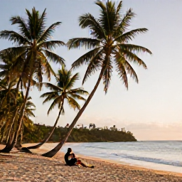 Caribbean Holidays, Antigua Adventure, Quiet Antigua beach with palm trees, warm golden light and a traveller relaxing after outdoor activities