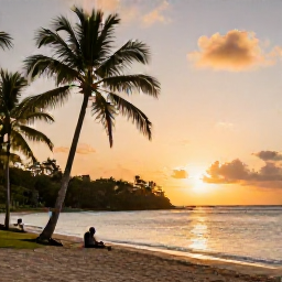 Caribbean Holidays, Antigua Adventure, Relaxed travellers enjoying a quiet Antigua beach at sunset, with palm trees, warm sand and calm Caribbean water