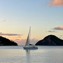 Caribbean Holidays, Antigua Adventure, Sailboat moving across calm Caribbean water near Antigua at sunset, with rugged coastline in the background