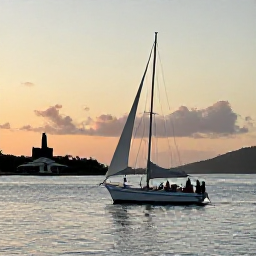 Caribbean Holidays, Antigua Adventure, Sunset sailing boat passing historic Nelson&rsquo;s Dockyard in Antigua with guests enjoying the evening