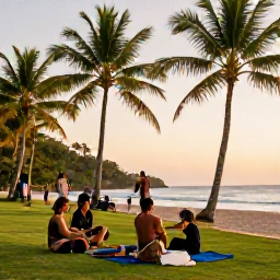 Caribbean Holidays, Antigua Adventure, Travellers enjoying a relaxed beach barbecue after an active day in Antigua, with palm trees and warm evening light