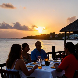 Caribbean Holidays, Antigua Adventure, Travellers enjoying a relaxed sunset meal at a waterfront restaurant in Antigua's English Harbour